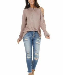BiBi Tops Taupe Long Sleeve Knit Top With Ladder Detail