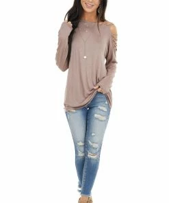 BiBi Tops Taupe Long Sleeve Knit Top With Ladder Detail
