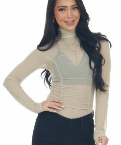 LE LIS Taupe Long Sleeve Ruched Bodycon Bodysuit