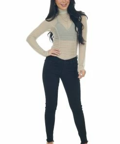 LE LIS Taupe Long Sleeve Ruched Bodycon Bodysuit