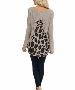 Umgee Tops Taupe Long Sleeve Waffle Knit Top With Back Leopard Contrast 16 Umgee Tops Taupe Long Sleeve Waffle Knit Top With Back Leopard Contrast