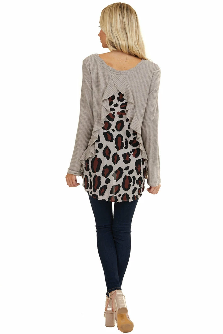 Umgee Tops Taupe Long Sleeve Waffle Knit Top With Back Leopard Contrast 9 Umgee Tops Taupe Long Sleeve Waffle Knit Top With Back Leopard Contrast