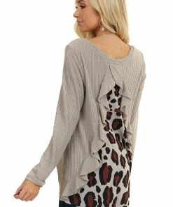 Umgee Tops Taupe Long Sleeve Waffle Knit Top With Back Leopard Contrast