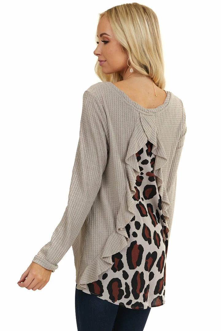 Umgee Tops Taupe Long Sleeve Waffle Knit Top With Back Leopard Contrast 3 Umgee Tops Taupe Long Sleeve Waffle Knit Top With Back Leopard Contrast