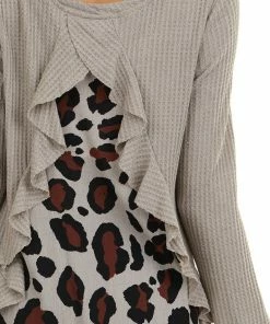 Umgee Tops Taupe Long Sleeve Waffle Knit Top With Back Leopard Contrast 17 Umgee Tops Taupe Long Sleeve Waffle Knit Top With Back Leopard Contrast