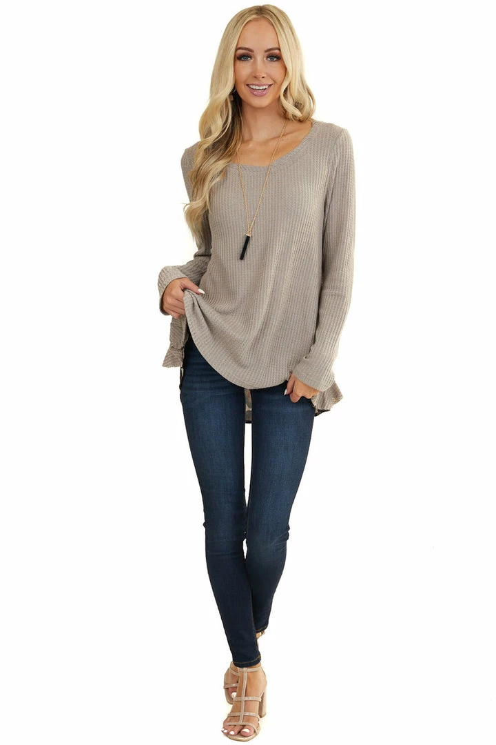 Umgee Tops Taupe Long Sleeve Waffle Knit Top With Back Leopard Contrast 4 Umgee Tops Taupe Long Sleeve Waffle Knit Top With Back Leopard Contrast