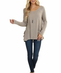 Umgee Tops Taupe Long Sleeve Waffle Knit Top With Back Leopard Contrast 13 Umgee Tops Taupe Long Sleeve Waffle Knit Top With Back Leopard Contrast