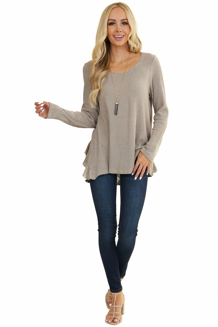 Umgee Tops Taupe Long Sleeve Waffle Knit Top With Back Leopard Contrast 6 Umgee Tops Taupe Long Sleeve Waffle Knit Top With Back Leopard Contrast