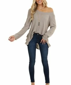 Umgee Tops Taupe Long Sleeve Waffle Knit Top With Back Leopard Contrast 14 Umgee Tops Taupe Long Sleeve Waffle Knit Top With Back Leopard Contrast