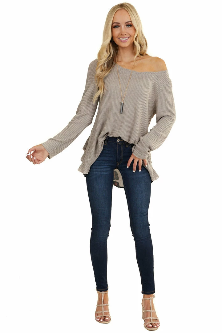 Umgee Tops Taupe Long Sleeve Waffle Knit Top With Back Leopard Contrast 7 Umgee Tops Taupe Long Sleeve Waffle Knit Top With Back Leopard Contrast