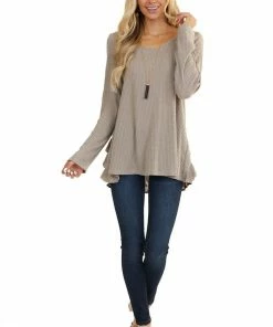 Umgee Tops Taupe Long Sleeve Waffle Knit Top With Back Leopard Contrast 12 Umgee Tops Taupe Long Sleeve Waffle Knit Top With Back Leopard Contrast