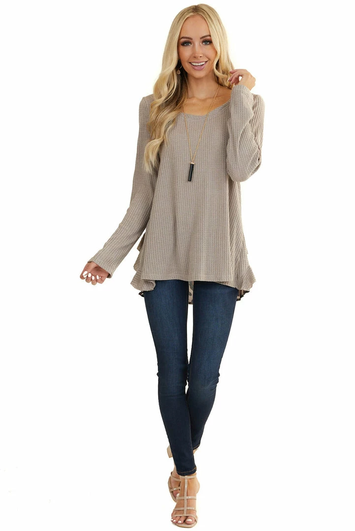 Umgee Tops Taupe Long Sleeve Waffle Knit Top With Back Leopard Contrast 5 Umgee Tops Taupe Long Sleeve Waffle Knit Top With Back Leopard Contrast