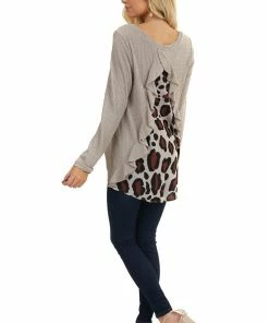 Umgee Tops Taupe Long Sleeve Waffle Knit Top With Back Leopard Contrast 15 Umgee Tops Taupe Long Sleeve Waffle Knit Top With Back Leopard Contrast