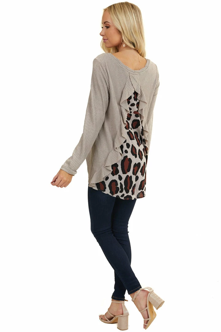 Umgee Tops Taupe Long Sleeve Waffle Knit Top With Back Leopard Contrast 8 Umgee Tops Taupe Long Sleeve Waffle Knit Top With Back Leopard Contrast
