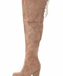 Charming Shoes Taupe Over The Knee High Boots With Lace Up Back Detail
