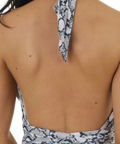 Envya Taupe Snakeskin Plunging Halter Neck One Piece Swimsuit Accessories