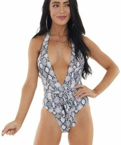 Envya Taupe Snakeskin Plunging Halter Neck One Piece Swimsuit Accessories