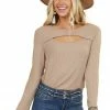 BiBi Taupe Soft Ribbed Long Sleeve Top With Neckline Cutout Tops