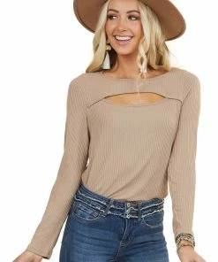 BiBi Taupe Soft Ribbed Long Sleeve Top With Neckline Cutout Tops