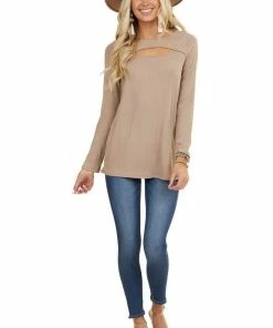 BiBi Taupe Soft Ribbed Long Sleeve Top With Neckline Cutout Tops