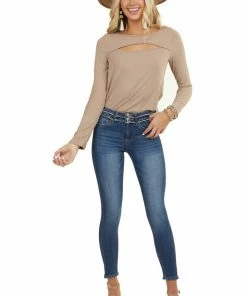 BiBi Taupe Soft Ribbed Long Sleeve Top With Neckline Cutout Tops