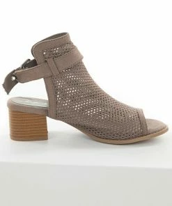 East Lion Corp. Taupe Stacked Heel Perforated Mule Booties Shoes