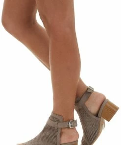 East Lion Corp. Taupe Stacked Heel Perforated Mule Booties Shoes