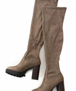 JP ORIGINAL CORP Taupe Thigh High Suede High Heel Lug Boots