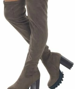 JP ORIGINAL CORP Taupe Thigh High Suede High Heel Lug Boots