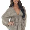 BucketList Taupe Tribal Print Babydoll Bubble Sleeve Top