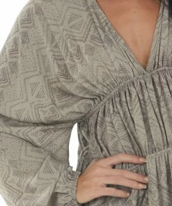 BucketList Taupe Tribal Print Babydoll Bubble Sleeve Top