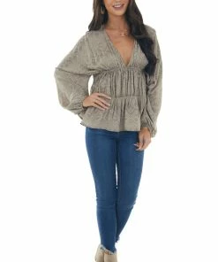 BucketList Taupe Tribal Print Babydoll Bubble Sleeve Top