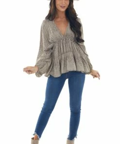 BucketList Taupe Tribal Print Babydoll Bubble Sleeve Top