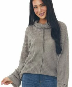 BiBi Tops Taupe Waffle Knit Long Sleeve Top With Cowl Neckline