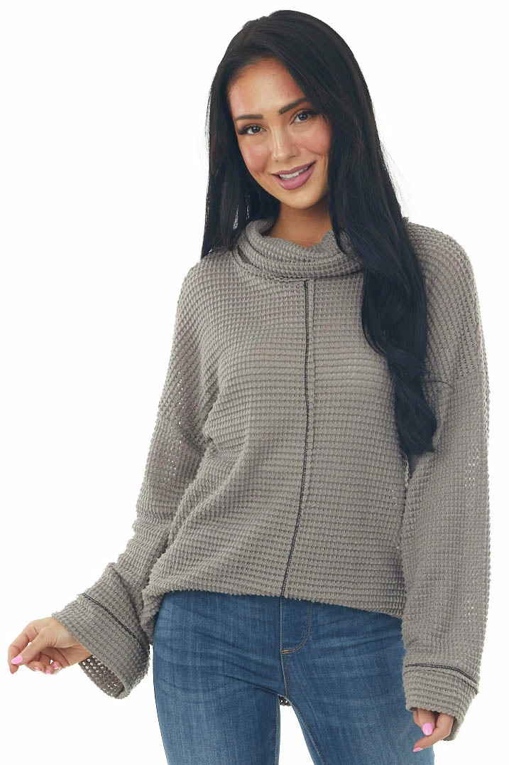 BiBi Tops Taupe Waffle Knit Long Sleeve Top With Cowl Neckline 3 BiBi Tops Taupe Waffle Knit Long Sleeve Top With Cowl Neckline