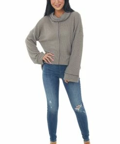 BiBi Tops Taupe Waffle Knit Long Sleeve Top With Cowl Neckline 10 BiBi Tops Taupe Waffle Knit Long Sleeve Top With Cowl Neckline
