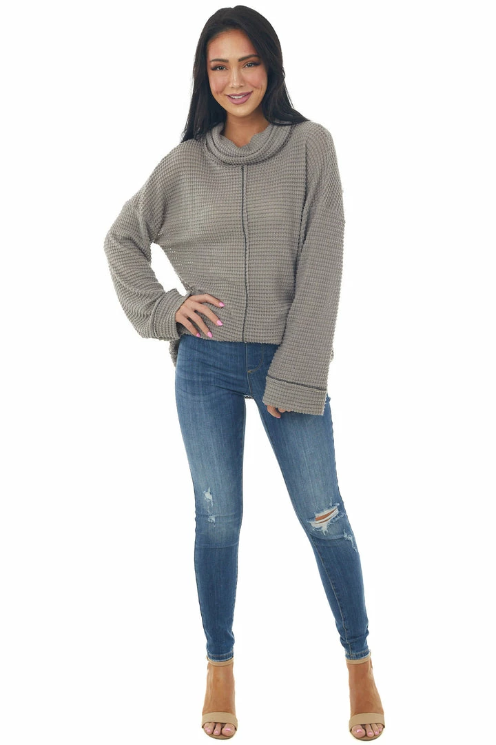 BiBi Tops Taupe Waffle Knit Long Sleeve Top With Cowl Neckline 5 BiBi Tops Taupe Waffle Knit Long Sleeve Top With Cowl Neckline
