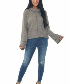 BiBi Tops Taupe Waffle Knit Long Sleeve Top With Cowl Neckline 9 BiBi Tops Taupe Waffle Knit Long Sleeve Top With Cowl Neckline