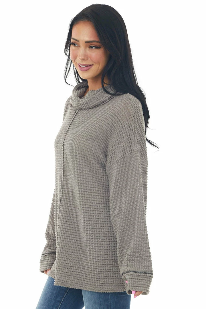 BiBi Tops Taupe Waffle Knit Long Sleeve Top With Cowl Neckline 6 BiBi Tops Taupe Waffle Knit Long Sleeve Top With Cowl Neckline