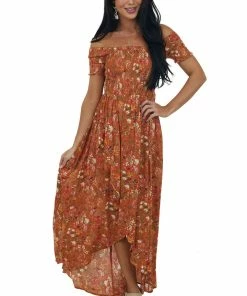 Sweet Lemon Dresses Tawny Floral Off The Shoulder Smocked Maxi Dress