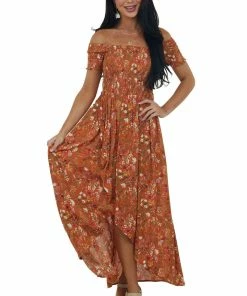 Sweet Lemon Dresses Tawny Floral Off The Shoulder Smocked Maxi Dress