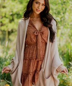 She + Sky Tawny Leaf Print Tiered Cap Sleeve Frill Dress