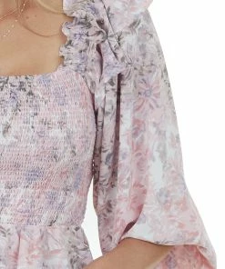 Entro Tea Rose Floral Long Sleeve Smocked Blouse
