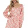 Peach Love Dresses Tea Rose Floral Print Bubble Sleeve Mini Dress
