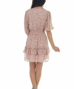 LE LIS Dresses Tea Rose Floral Print Half Sleeve Short Dress