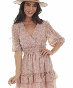 LE LIS Dresses Tea Rose Floral Print Half Sleeve Short Dress