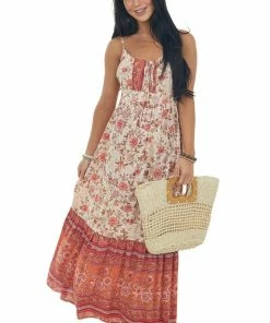 ANGIE Tea Rose Floral Print Ruched Front Maxi Dress Dresses 12 ANGIE Tea Rose Floral Print Ruched Front Maxi Dress Dresses