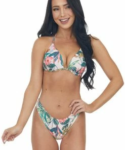 Stylish Swimwear Tea Rose Multicolor Tropical Print Cheeky Bikini Accessories