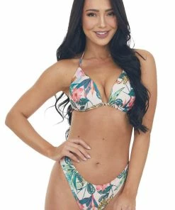 Stylish Swimwear Tea Rose Multicolor Tropical Print Cheeky Bikini Accessories