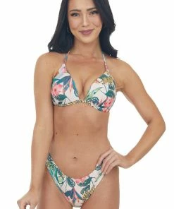 Stylish Swimwear Tea Rose Multicolor Tropical Print Cheeky Bikini Accessories